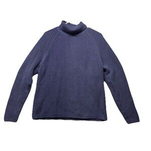 Lands End Women’s Size Large 14-16 Blue Cotton Ribbed Chunky Knit Turtleneck